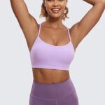 CRZ YOGA Womens Butterluxe Y Back Sports Bra – Padded Racerback Low Impact Spaghetti Thin Strap Workout Yoga Bra Elfin Purple Medium