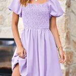 KIRUNDO 2023 Women’s Summer Square Neck Smocked Puff Sleeve Mini Dress Off Shoulder Ruffle A-Line Puffy Short Dresses(Light Purple, Small)