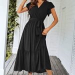 PRETTYGARDEN Women’s 2023 Floral Summer Dress Wrap V Neck Short Sleeve Belted Ruffle Hem A-Line Bohemian Maxi Dresses (Solid Black,XX-Large)