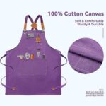 Bluegogo Chef Aprons for Men Women, Cotton Canvas Cross Back Adjustable Apron with Large Pockets for Kitchen Garden Salon (Purple)