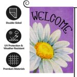 Texupday Welcome Daisy Floral Decoration Spring Double Sided Vertical Burlap Garden Flag Rustic Farmhouse Holiday Party Outdoor Yard Banner 12″ x 18″ (Purple)