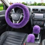 Pinbola 5pcs in 1 Set Faux Wool Steering Wheel Cover Soft Fluffy Handbrake Cover & Gear Shift Cover & 2pcs Seat Belt Shoulder Pads Warm Universal Fit for 15 Inch (Purple)