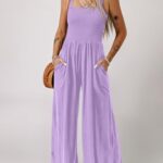 Dokotoo Womens Overalls Purple Jumpsuits for Women Casual Loose Fit Solid Color Wide Leg One Piece Sleeveless Jumpsuit Long Pant Rompers with Pockets Medium