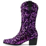 KISSASA Sequin Sparkly Mid Calf Cowboy Boots Glitter Wedding Chunky Heeled Cowgirl Boots Purple Size 8.5