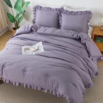 Andency Grayish Lavender Purple Queen Comforter Set, 3 Pieces Solid Ruffle Bedding Comforter Sets for Queen Bed, Lightweight Fluffy Soft Microfiber All Season Bedding Set