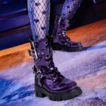 ElegaStep Women Harness Motorcycle Biker Boots Steampunk Combat Boots Chunky Goth Boots Mid Calf Boots Lug Sole Lace Up Side Zipper Purple US 8