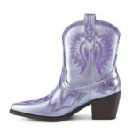 HOCHFART Western Boots for Women Metallic Embroidered Pointed Toe Cowgirl Boots Chunky Heel Pull-On Short Cowboy Boots Wide Calf Country Ankle Boots